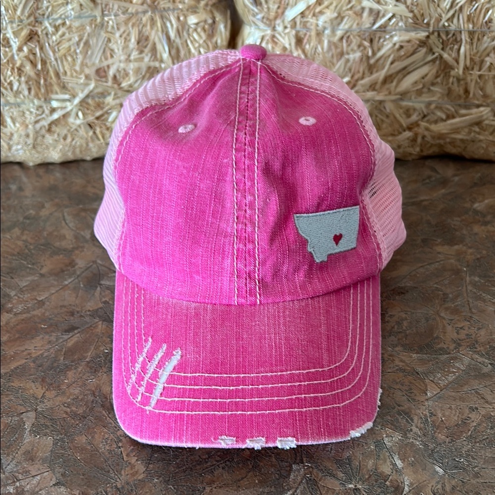My Heart Is In Montana Distressed Pink Trucker Hat